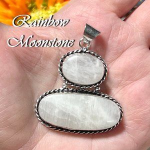Moonstone Pendant Large Handmade Gemstone Crystal 925 Silver Bohemian Ethnic New